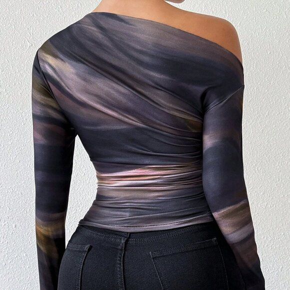 Casual Women's Marble Gradient Print Asymmetrical Neck top - Picture 2 of 6